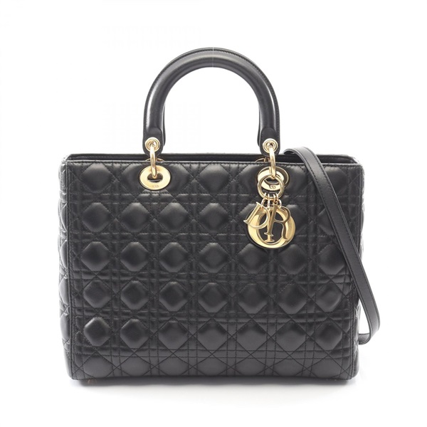 Christian Dior Lady Dior Large Cannage Shoulder Handbag leather Black Used Women