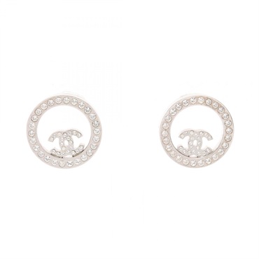 CHANEL COCO Mark Round Pierced earrings Stainless Steel Rhinestone Used Women CC