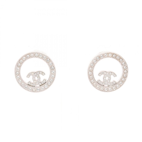 CHANEL COCO Mark Round Pierced earrings Stainless Steel Rhinestone Used Women CC