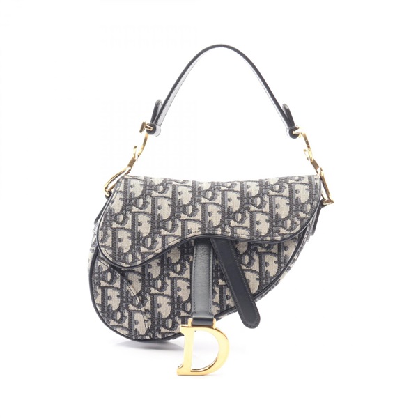 Dior Mini Saddle Oblique Jacquard Handbag canvas leather Navy Used Women
