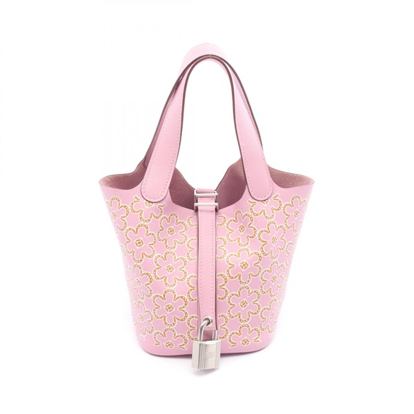 HERMES Picotin Lock Micro Lucky Daisy Handbag Swift leather Pink Brown SHW U