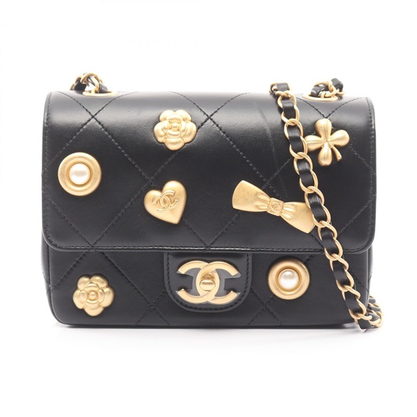 CHANEL Matelasse icon Chain Shoulder Crossbody Bag Lamb leather Black GHW Used
