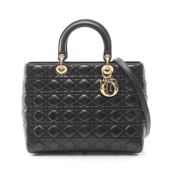 Dior Lady Dior Large Cannage Shoulder Handbag leather Black Used Women GHW