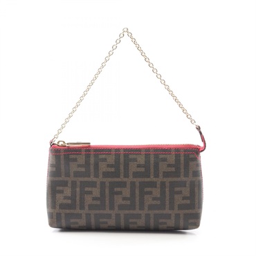 FENDI Zucca Chain Handbag Accessory Pouch 8BR592 canvas Brown Pink Used Women