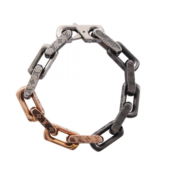 LOUIS VUITTON Chain Monogram Bracelet Stainless Steel SHW GHW Black Used mens LV