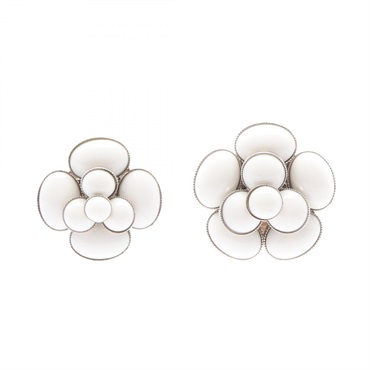 CHANEL Camelia Clip Earrings Stainless Steel White Used Women Coco CC