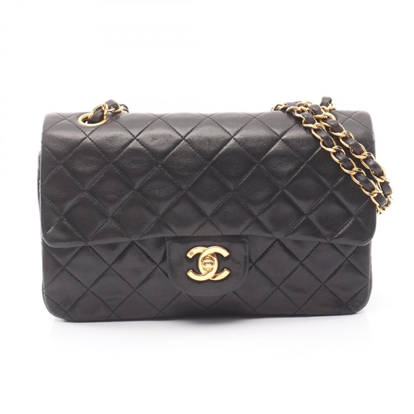CHANEL Matelasse W flap Chain Shoulder Bag Lamb sheep leather Black Used GHW CC