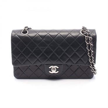 CHANEL Matelasse W flap Shoulder Bag A01112 Lamb sheep leather Black Used SHW CC