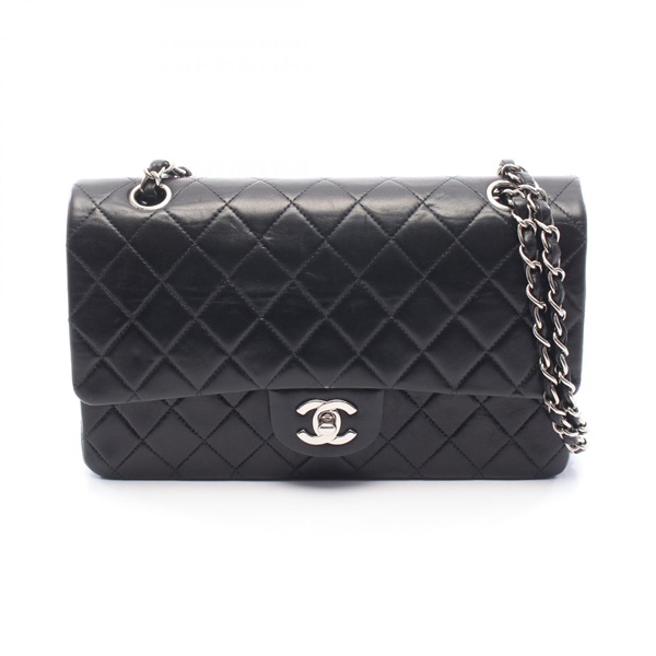 CHANEL Matelasse W flap Shoulder Bag A01112 Lamb sheep leather Black Used SHW CC
