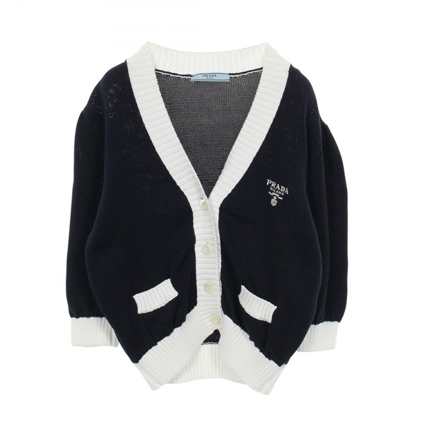 PRADA Logo cardigan cotton Navy White #42 Used Women