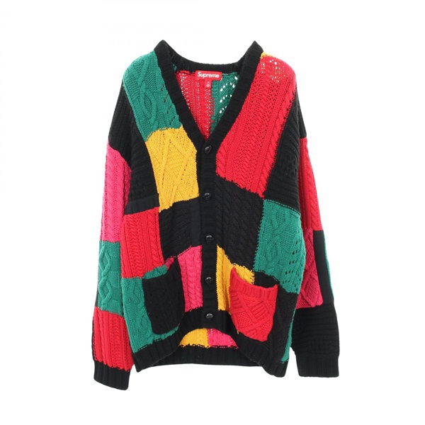 Supreme Patchwork Cable Knit Cardigan Cotton Black Multicolor #M Used mens