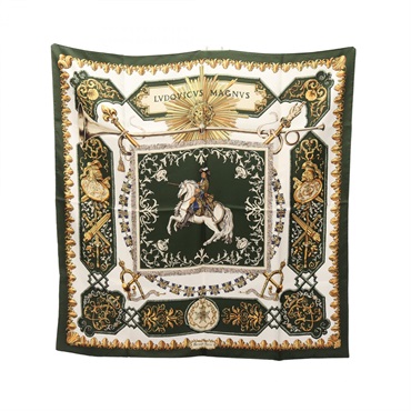 HERMES Carre 90 LVDOVICVS MAGNVS Scarf Stole Wrap silk Green White Used Women