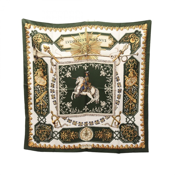 HERMES Carre 90 LVDOVICVS MAGNVS Scarf Stole Wrap silk Green White Used Women
