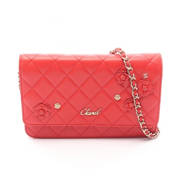 CHANEL Matelasse Camellia Chain Shoulder Crossbody Bag Wallet leather Red Used