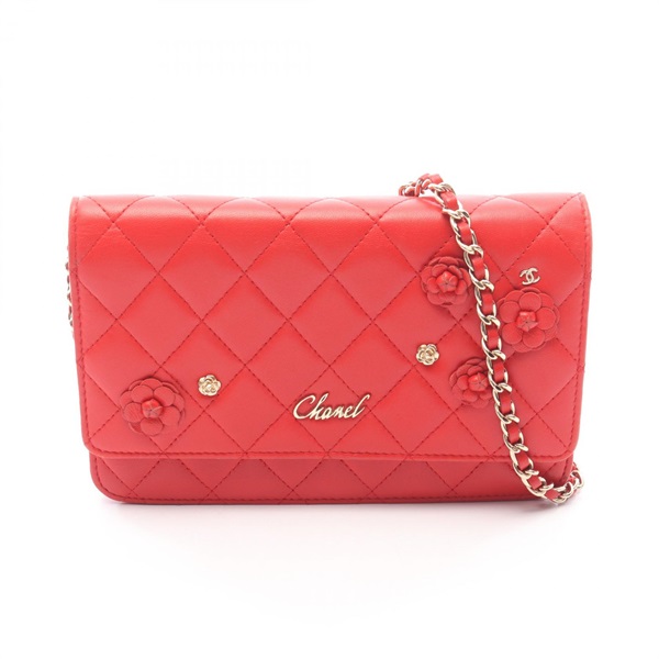 CHANEL Matelasse Camellia Chain Shoulder Crossbody Bag Wallet leather Red Used