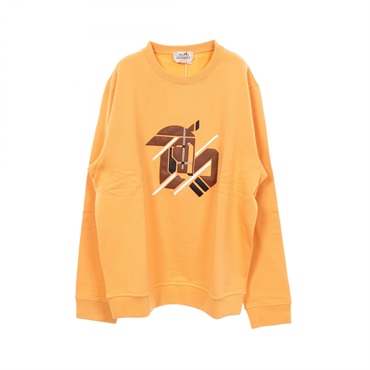 HERMES Leather patch Sweat Shirts cotton Orange Brown Used mens size L