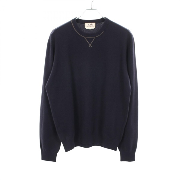 HERMES Leather-stitched crew neck knitwear #L sweater cashmere Navy Used mens