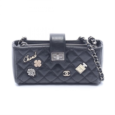CHANEL 2.55 Matelasse Icon Phone Holder Shoulder Bag leather Black Used SHW