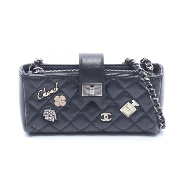 CHANEL 2.55 Matelasse Icon Phone Holder Shoulder Bag leather Black Used SHW