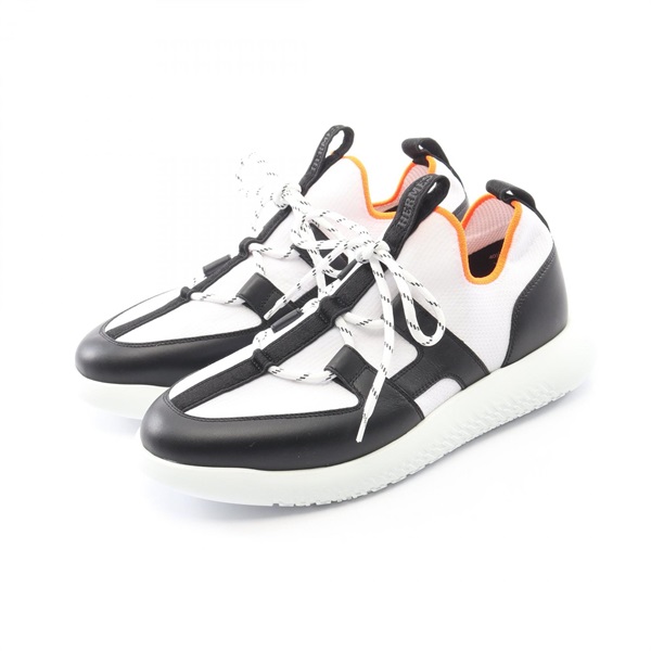 HERMES Duel sneakers leather Fabric White Black #40.5 Used mens