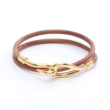 HERMES Jumbo Choker Bracelet Bangle 17cm Gold Plated Leather Brown Used Women