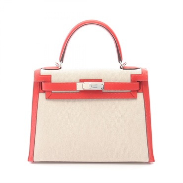 HERMES Kelly 28 shoulder Handbag D Toile H canvas Swift Ecru rouge coeur SHW