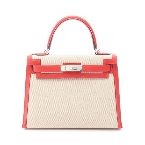 HERMES Kelly 28 shoulder Handbag D Toile H canvas Swift Ecru rouge coeur SHW
