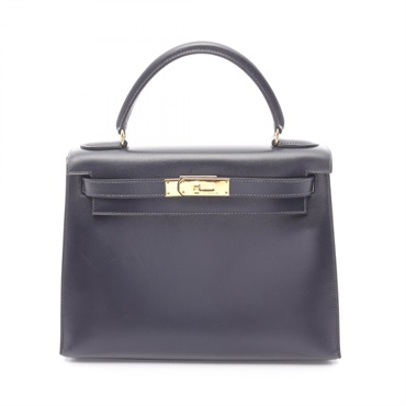HERMES Kelly 28 shoulder Handbag Box calf leather Blue indigo used GHW