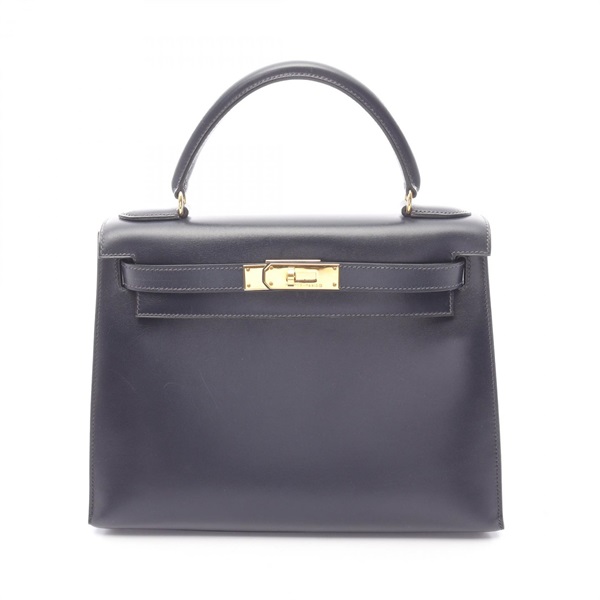 HERMES Kelly 28 shoulder Handbag Box calf leather Blue indigo used GHW