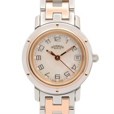 HERMES Clipper Nacre Wrist Watch CL4.221 Quartz Stainless Steel GP Used Women