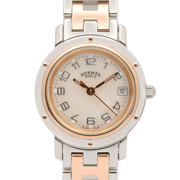 HERMES Clipper Nacre Wrist Watch CL4.221 Quartz Stainless Steel GP Used Women