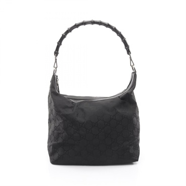 GUCCI Bamboo GG Nylon Shoulder Bag 000 0833 Nylon leather Black Used Women