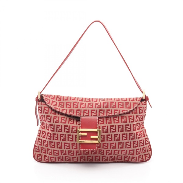 FENDI Zucchino Shoulder Bag 26796 canvas leather Red Beige Used Women