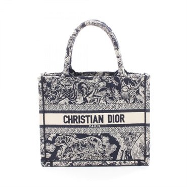 Christian Dior BOOK TOTE Small hand Bag canvas jacquard Navy Beige Used Women