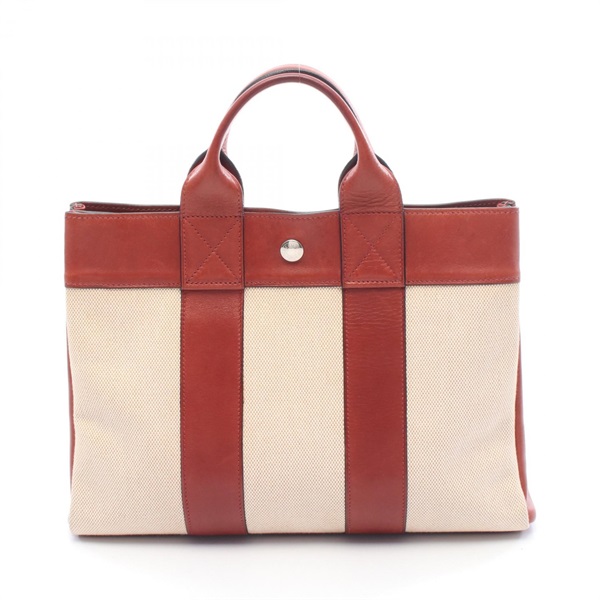 HERMES Fourre-tout PM Tote hand Bag F Toile H leather natural rouge SHW used