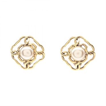 CHANEL COCO Mark Earring Gold Plated Artificial pearl White Used Women CC