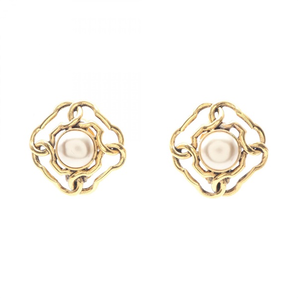 CHANEL COCO Mark Earring Gold Plated Artificial pearl White Used Women CC