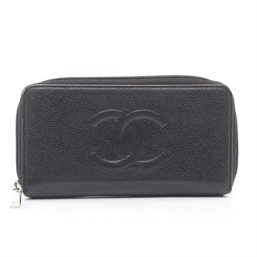 CHANEL COCO Mark Zippy long wallet Grained calf leather Black Used Women SHW CC