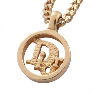 Christian Dior Circle Logo Necklace Pendant Gold Plated Rhinestone Used Women