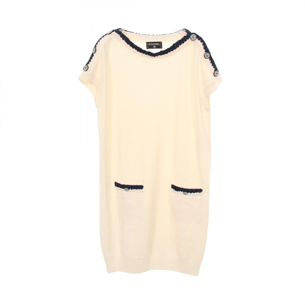 CHANEL COCO Mark button Short Sleeved Dress #38 wool White Navy Used Women CC