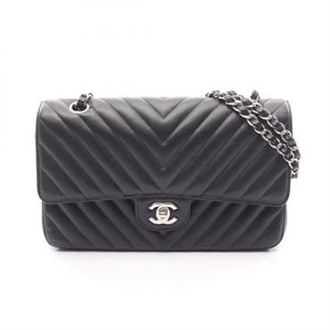 CHANEL Chevron V-stitch W-flap Shoulder Bag Grained calf leather Black Used SHW