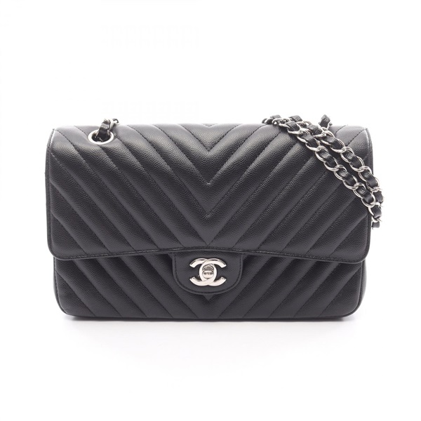 CHANEL Chevron V-stitch W-flap Shoulder Bag Grained calf leather Black Used SHW