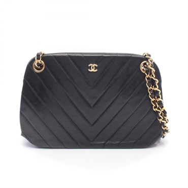 CHANEL Chevron V Stitch Chain Shoulder Bag Lambskin sheep leather Black Used GHW
