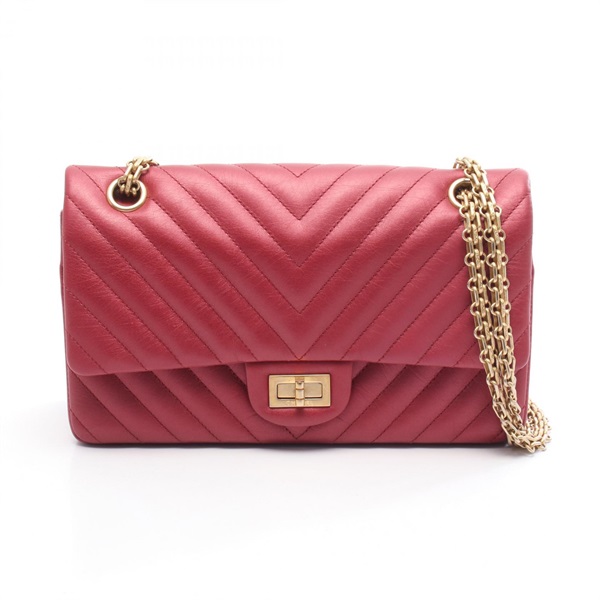 CHANEL 2.55 Chevron V-stitch W-flap Chain Shoulder Bag leather Red Used GHW CC