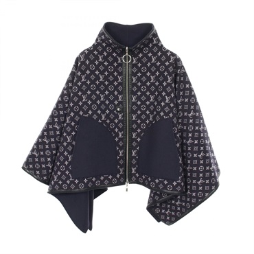 LOUIS VUITTON Monogram poncho #34 reversible wool Navy Used Women