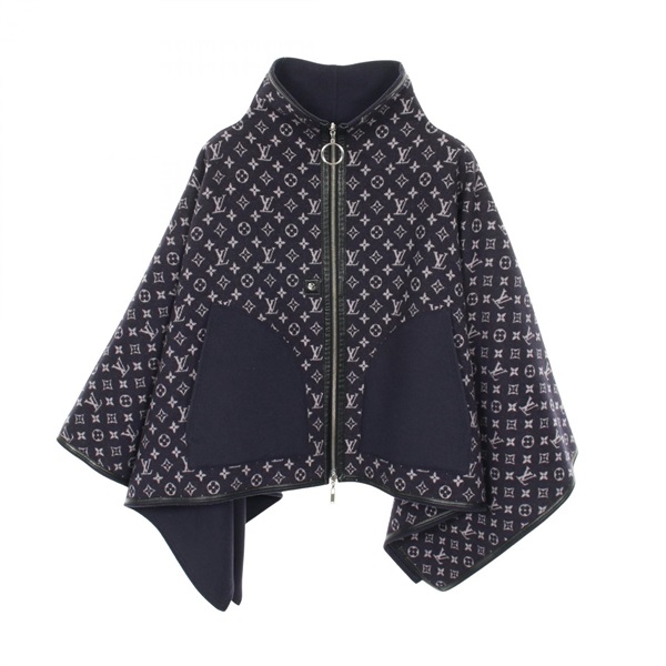 LOUIS VUITTON Monogram poncho #34 reversible wool Navy Used Women