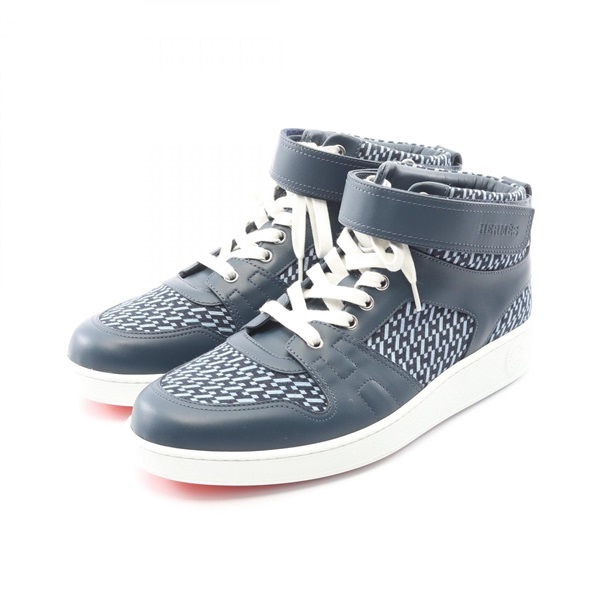 HERMES sneakers shoes #41.5 high-cut leather canvas Navy Used mens