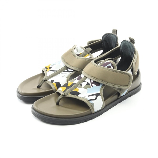 HERMES Giorno Sandals Flat Shoes Fabric Khaki Multicolor Used mens size 43