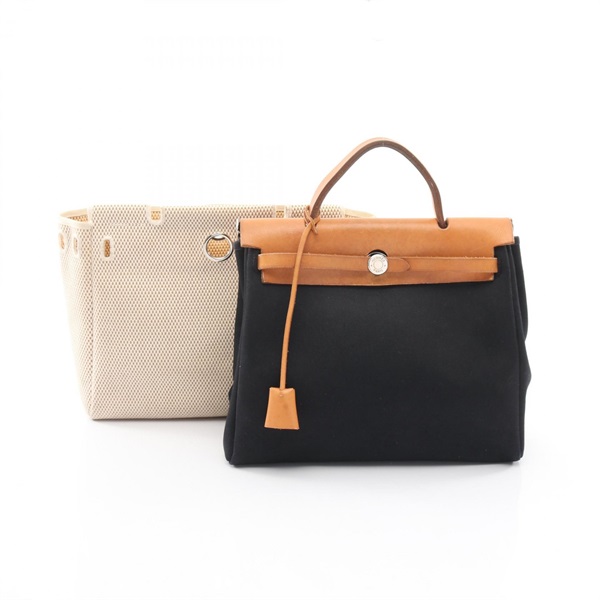 HERMES Herbag PM Handbag Vache hunter leather Toile H canvas Brown Black Used G