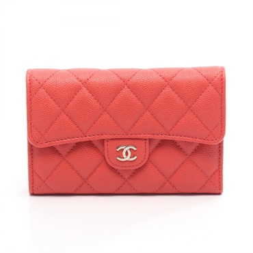 CHANEL Matelasse Tri-fold long wallet purse Calfskin leather Red Used SHW women